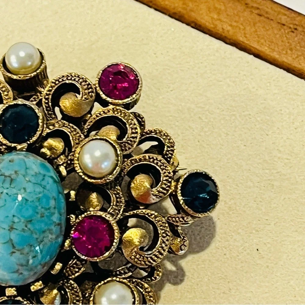 Vintage Gold Tone and Turquoise Brooch with Pearl Drop